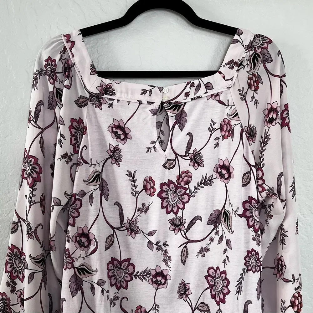 LOFT Floral Blouse Light Pink Purple Square Neckline Size Large Romantic